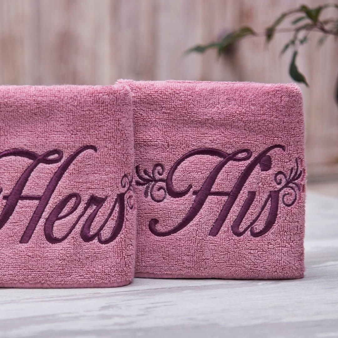 Blush Melchiah towels embroidered Hers and His, gifted as a pair
