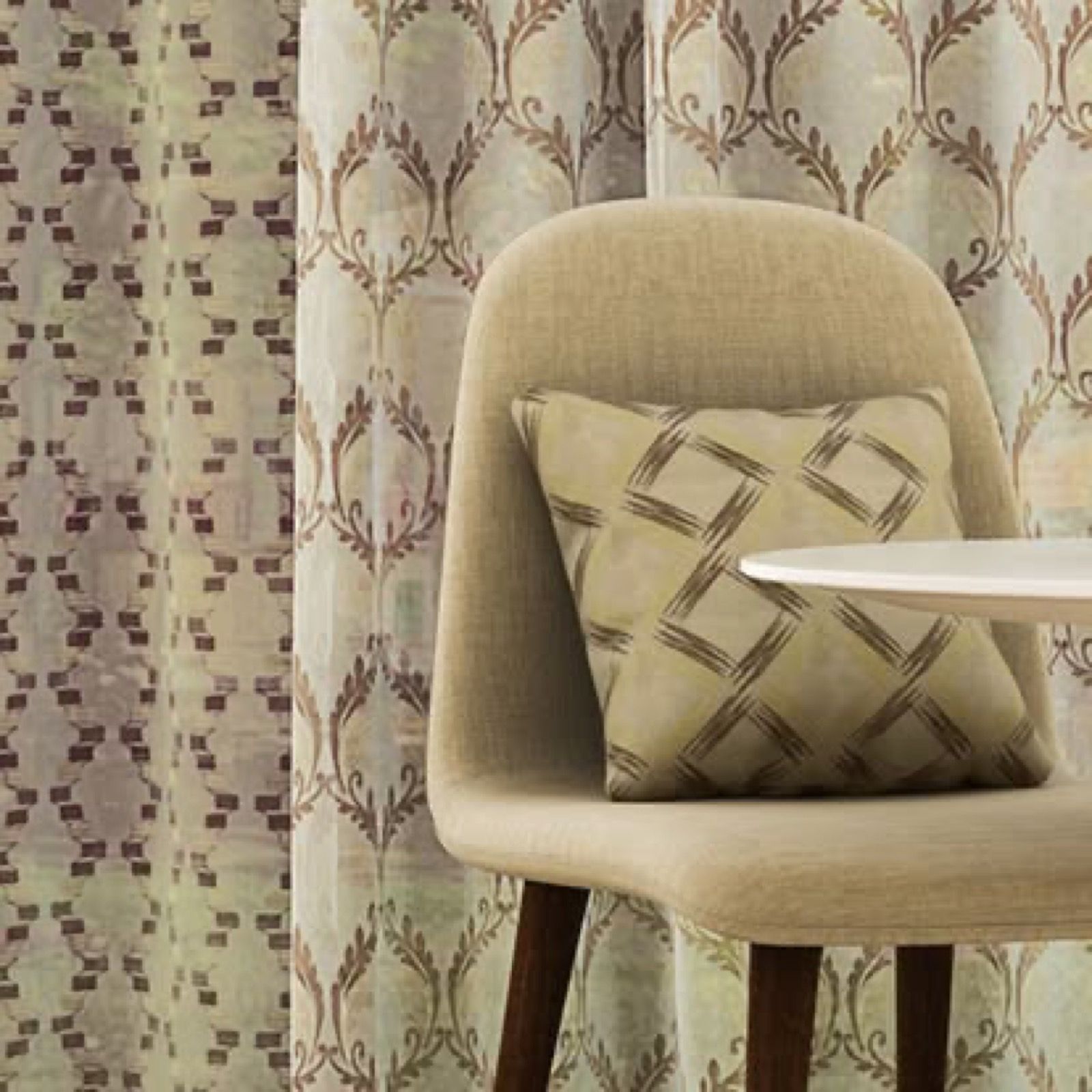Cream botanical damask sheer Melchiah curtains styled with a chair